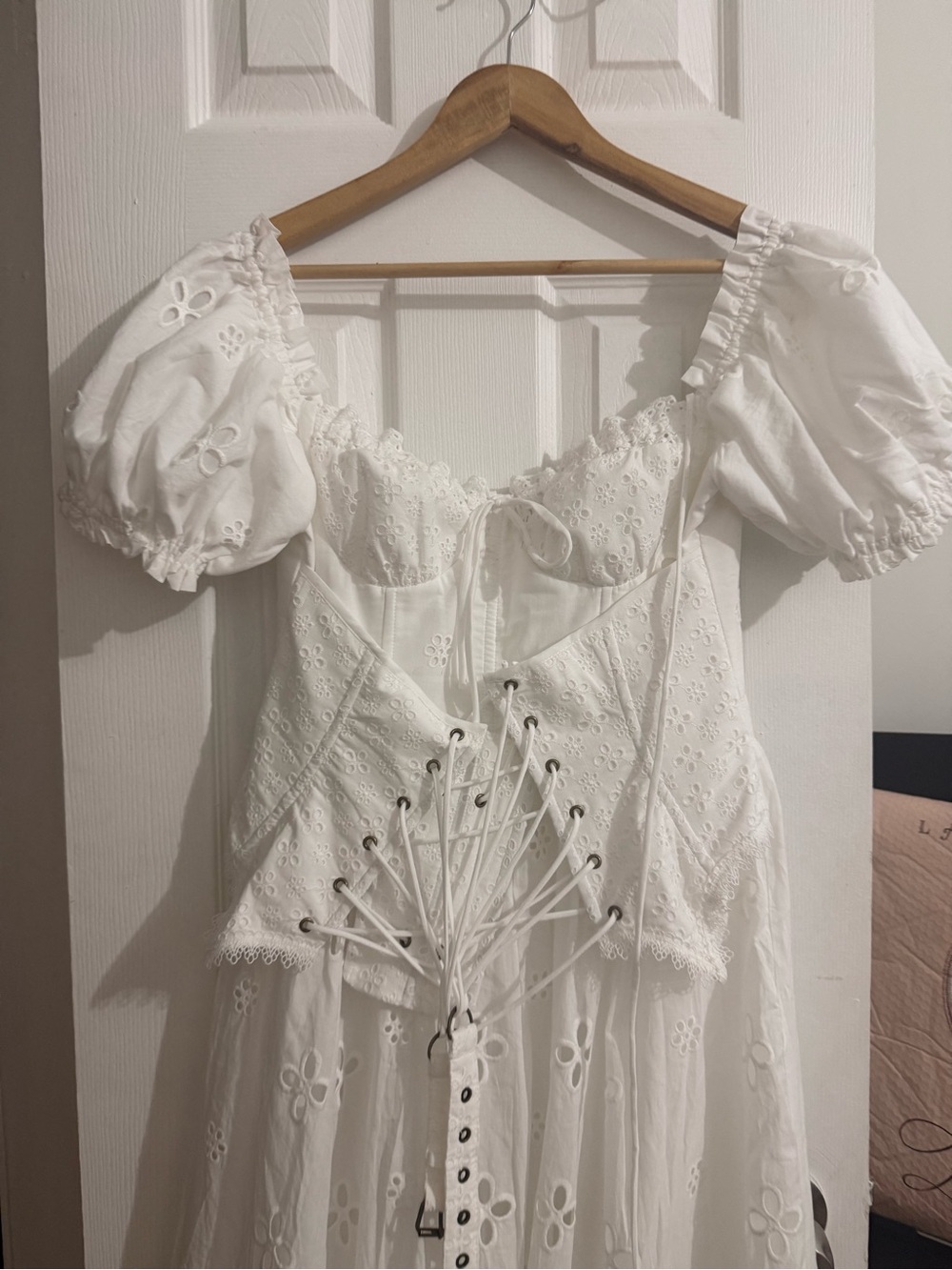 White Eyelet Lace-Up Corset Midi Dress